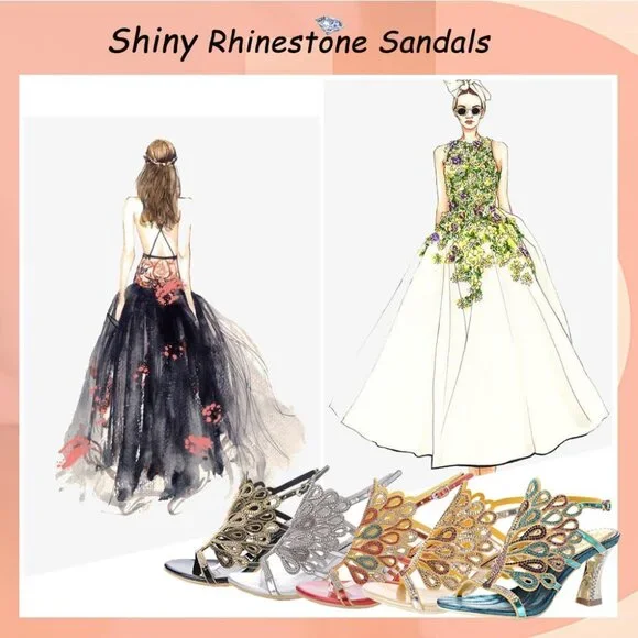 Women's Blue Rhinestone Peacock Pattern  Chunky Stylish Comfortable Sandal Heel - Picture 2 of 6